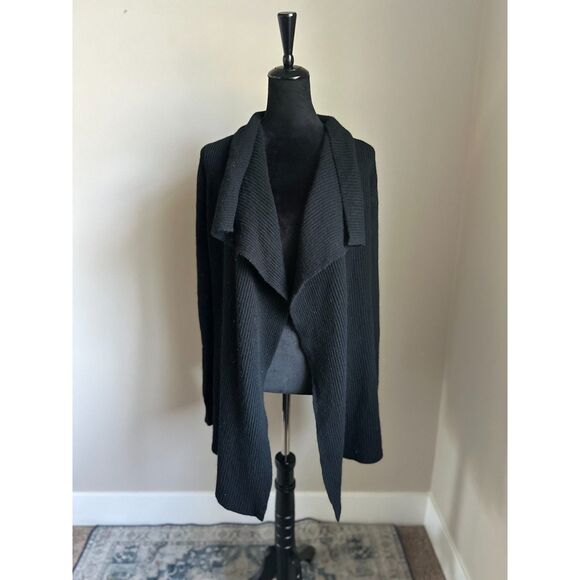 VINCE Women's Black Yak/Wool Draped Front Tight Knit Long Sleeve Cardigan Size L - Picture 1 of 9